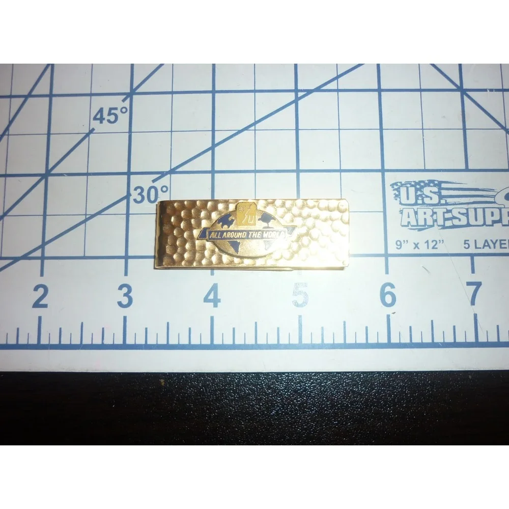 Vintage All Around The World Money Clip Gold Tone Hammered Metal Globe Travel